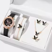Women's Watch Latex Strap Butterfly Necklace Bracelet Earrings Ring Jewelry Set Girls Gift